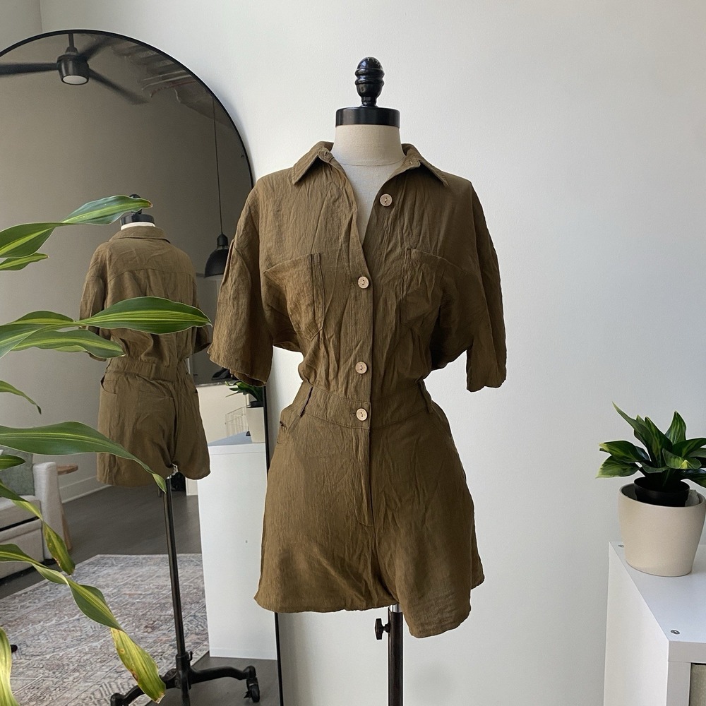 Zara Button Up Short Sleeve Utility Romper Olive Green Brown Summer Size XS
